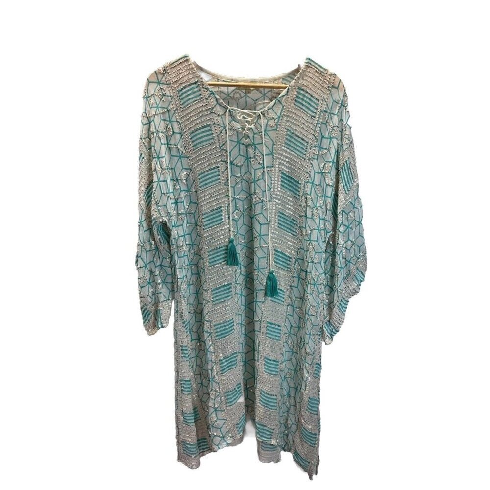 Ruby Yaya sheer Turquoise Sequin Indie Boho tunic dress flare sleeve Size‎ S